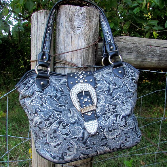 WESTERN BAG, BLING BUCKLE, SPARKLY RODEO RANCH COWGIRL HANDBAG, MOUNTAIN WEST - Picture 11 of 14